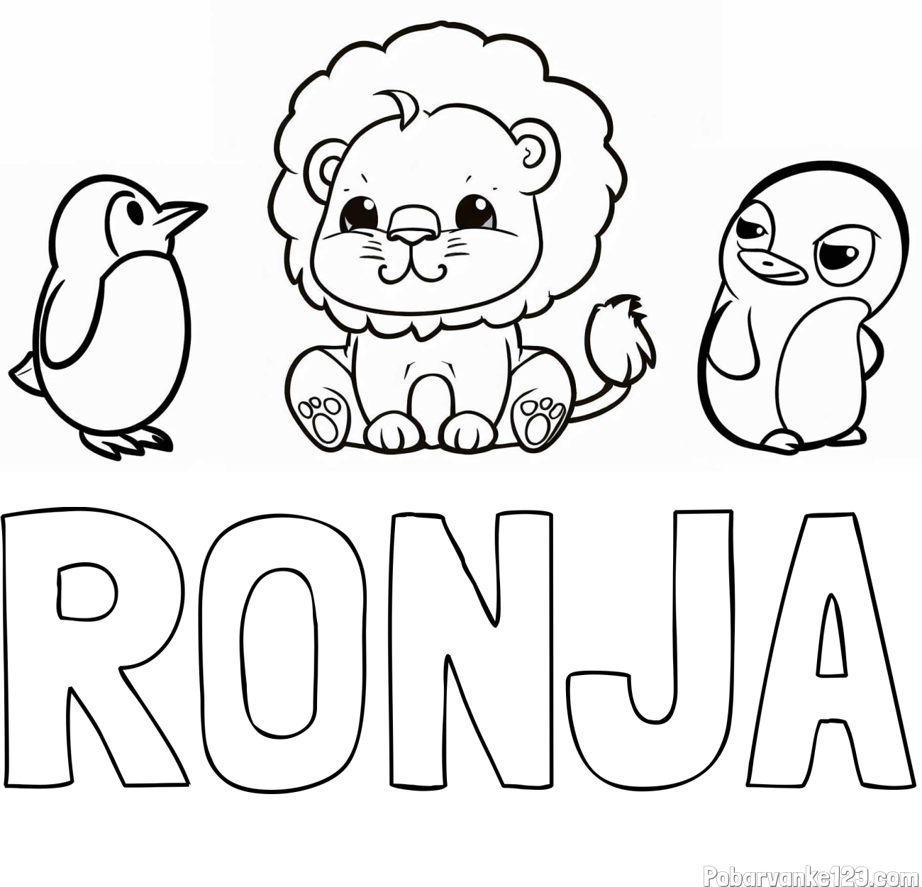 Pobarvanka imena RONJA in pobarvanka prikupnega levčka in dveh hudomušnih pingvinčkov