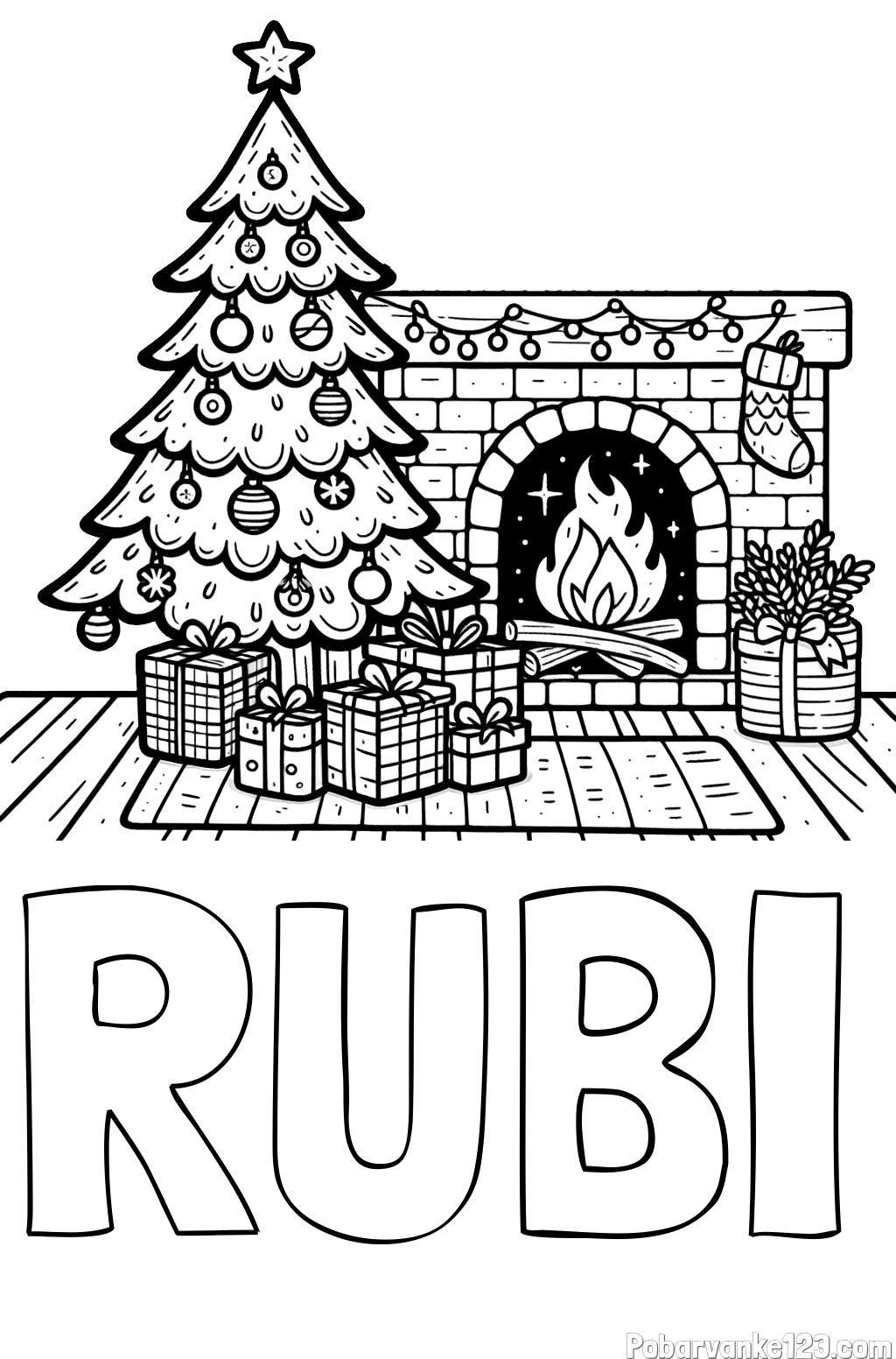 Pobarvanka imena RUBI in pobarvanka božične noči z božično smrečico, darili ter kaminom