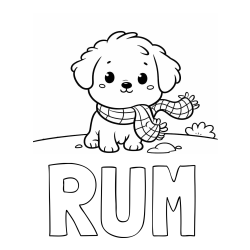 Online izdelana pobarvanka - Pobarvanka imena RUM in pobarvanka prikupnega psička