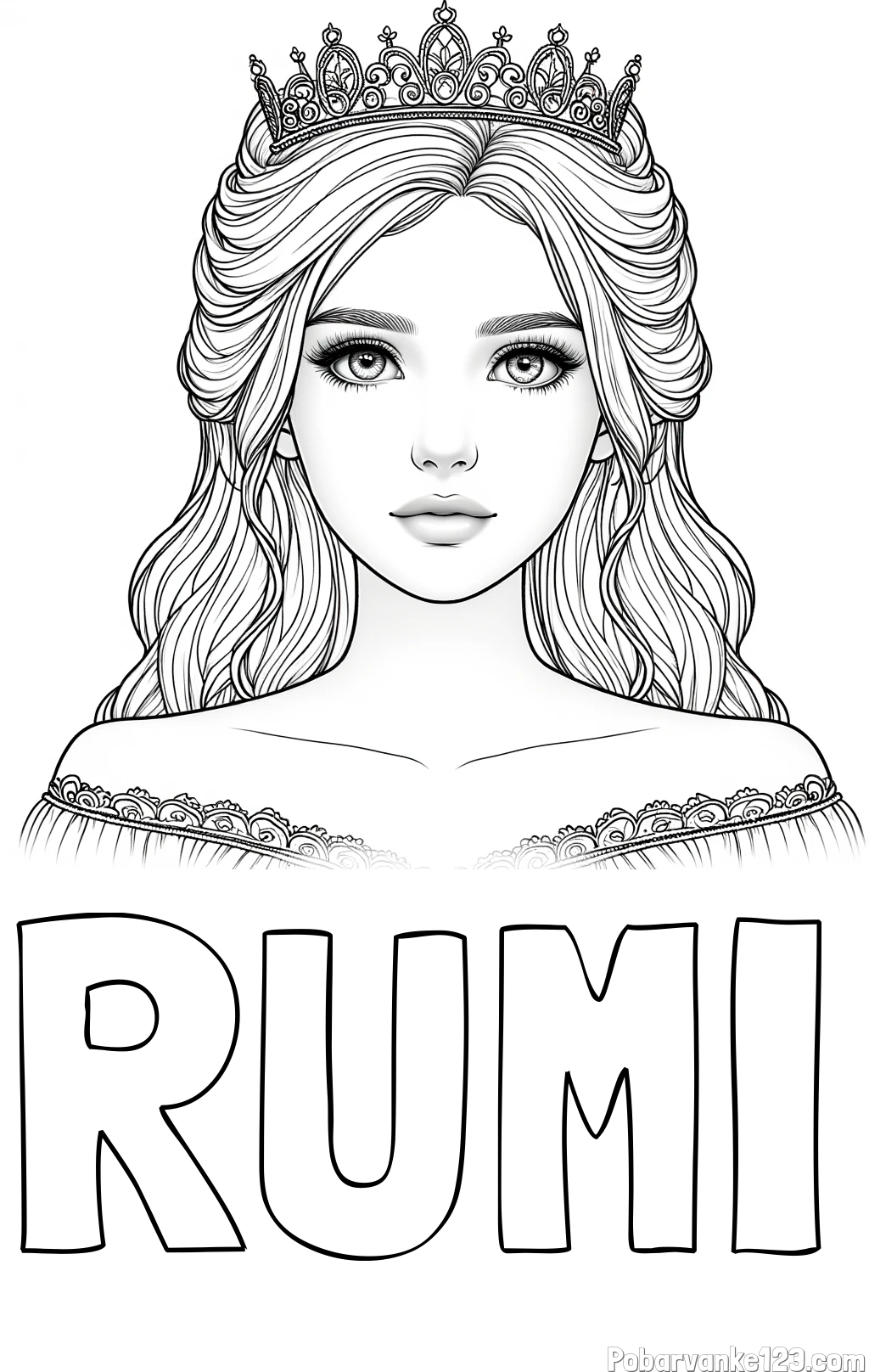Pobarvanka imena RUMI in pobarvanka prikupne princeske s čudovitimi očmi