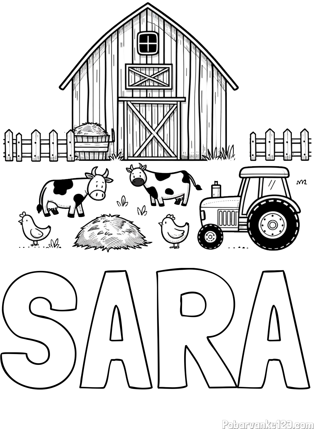 Pobarvanka imena SARA in otroška pobarvanka velikega senika, krav in traktorja