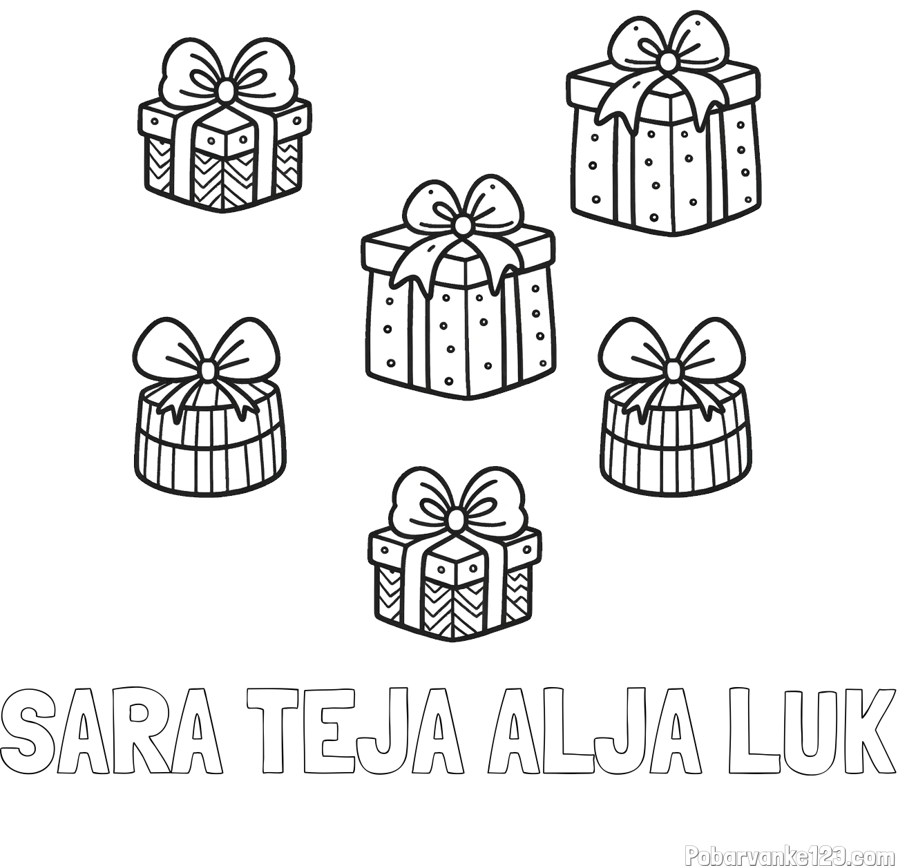 Pobarvanka imena SARA TEJA ALJA LUK in pobarvanka božičnih daril