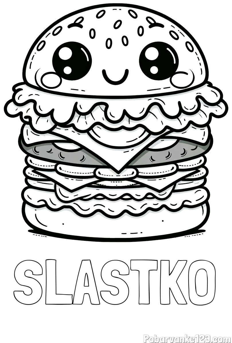Pobarvanka imena SLASTKO in otroška pobarvanka nasmejanega hamburgerja