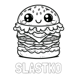 Online izdelana pobarvanka - Pobarvanka imena SLASTKO in otroška pobarvanka nasmejanega hamburgerja
