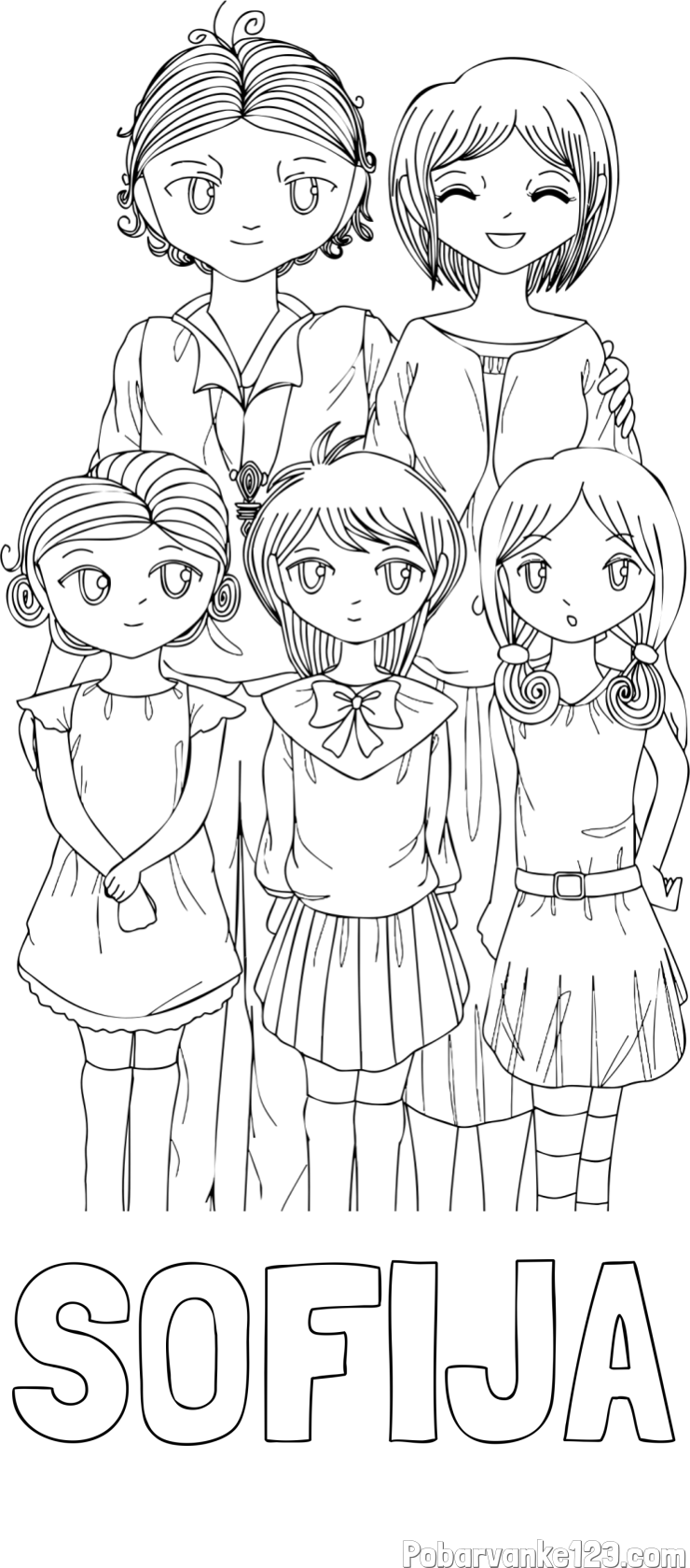 Pobarvanka imena SOFIJA in anime risani junaki