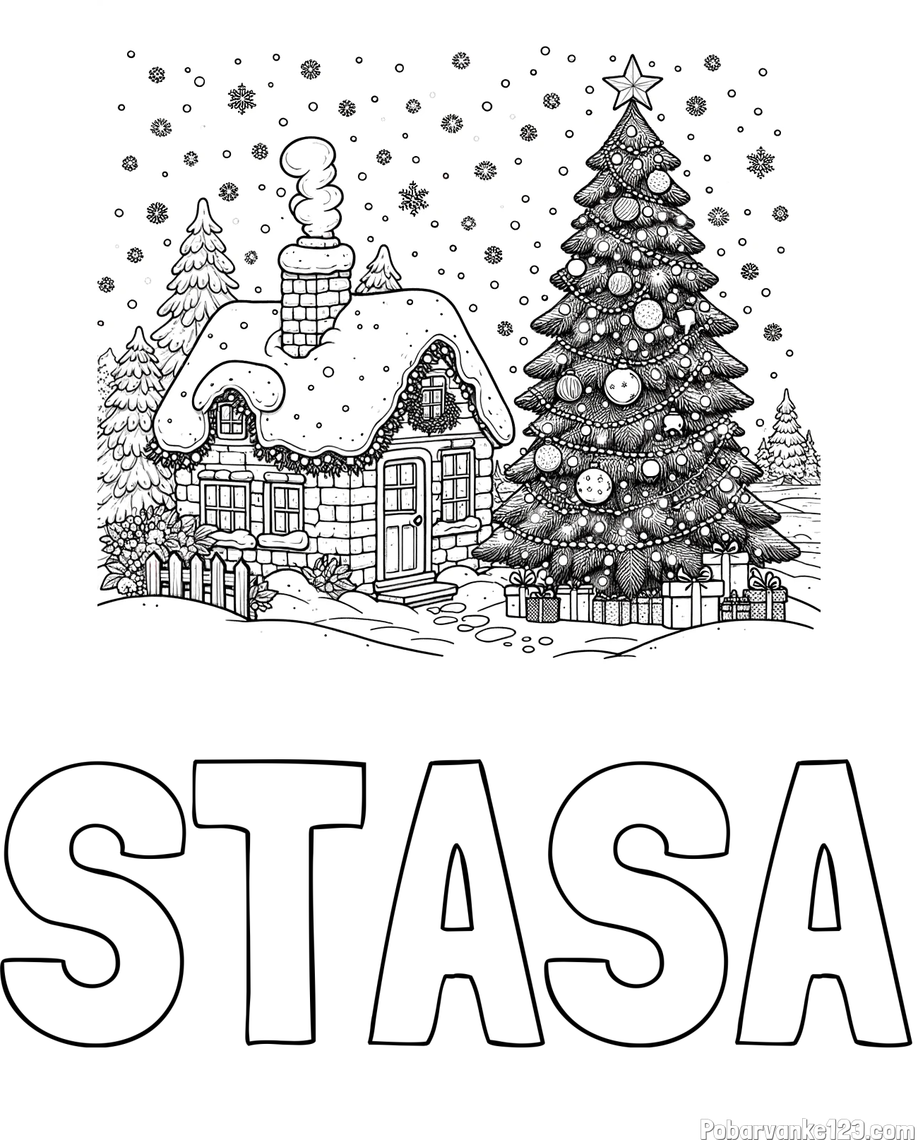 Pobarvanka imena STAŠA in pobarvanka zasnežene hiške na božično noč