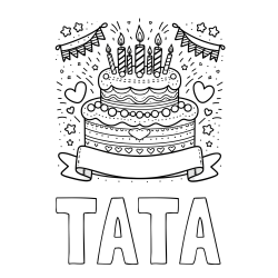 Online izdelana pobarvanka - Pobarvanka imena TATA in pobarvanka velike torte za rojstni dan