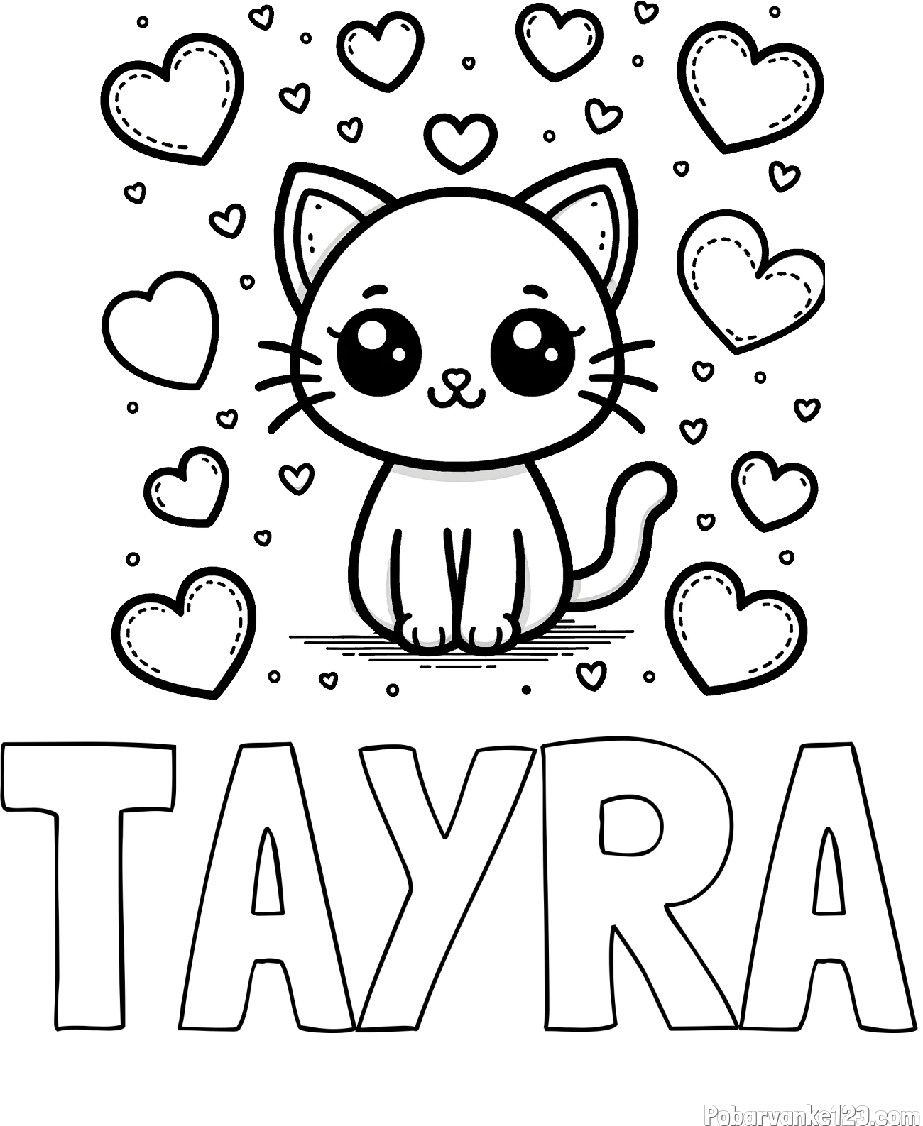 Pobarvanka imena TAYRA in pobarvanka ljubke mucke obdane z veliko srčki