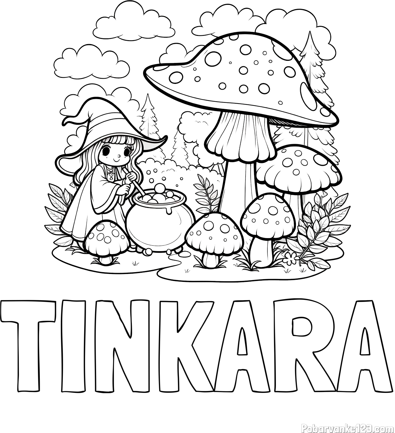 Pobarvanka imena TINKARA in pobarvanka čarovnice med gobami