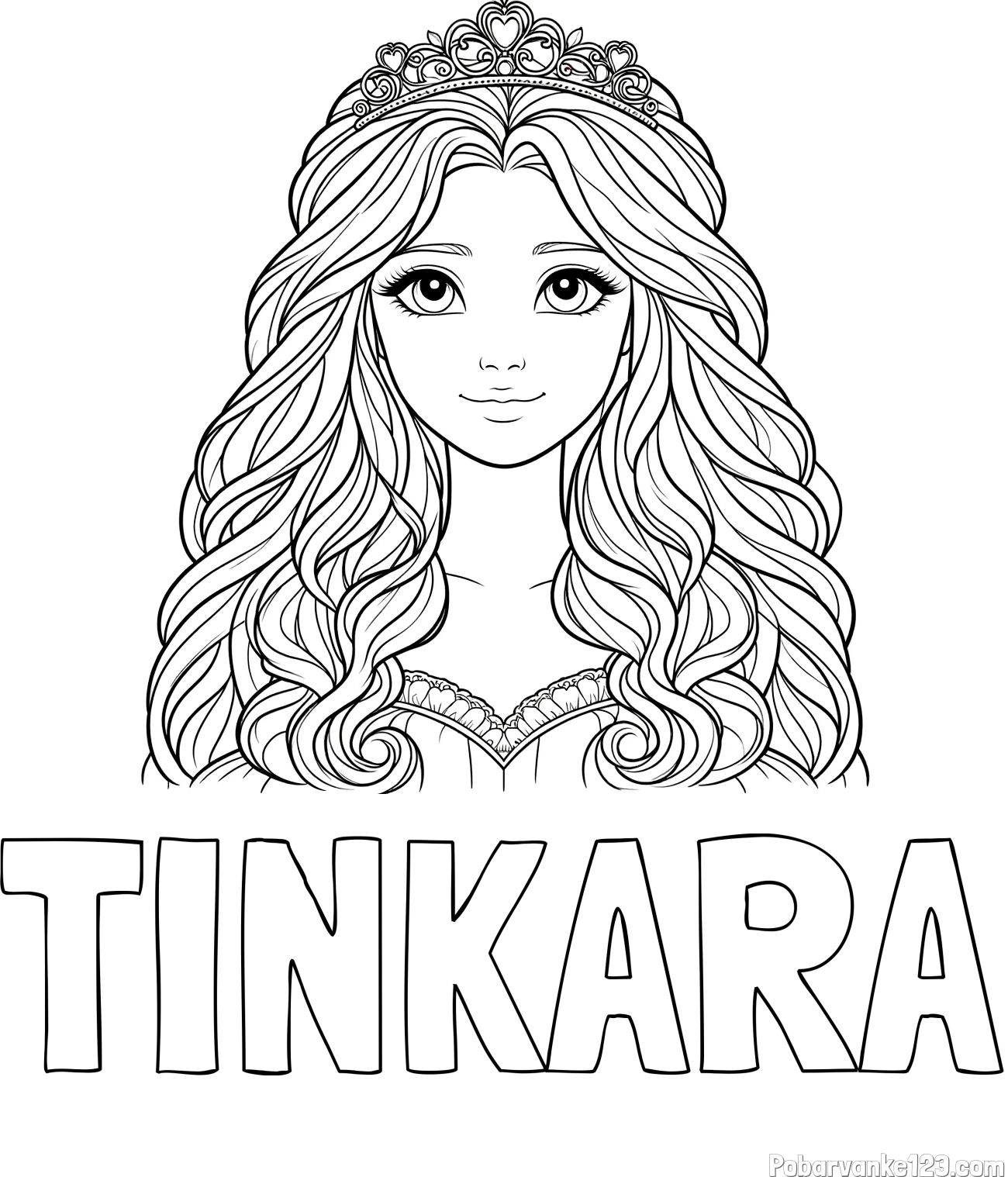 Pobarvanka imena TINKARA in pobarvanka ljubke princese z bujnimi lasmi
