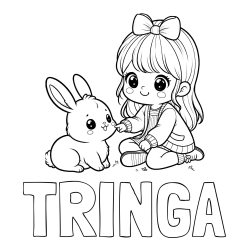 Online izdelana pobarvanka - Pobarvanka imena TRINGA in pobarvanka ljubke punčke, ki se igra z zajčkom