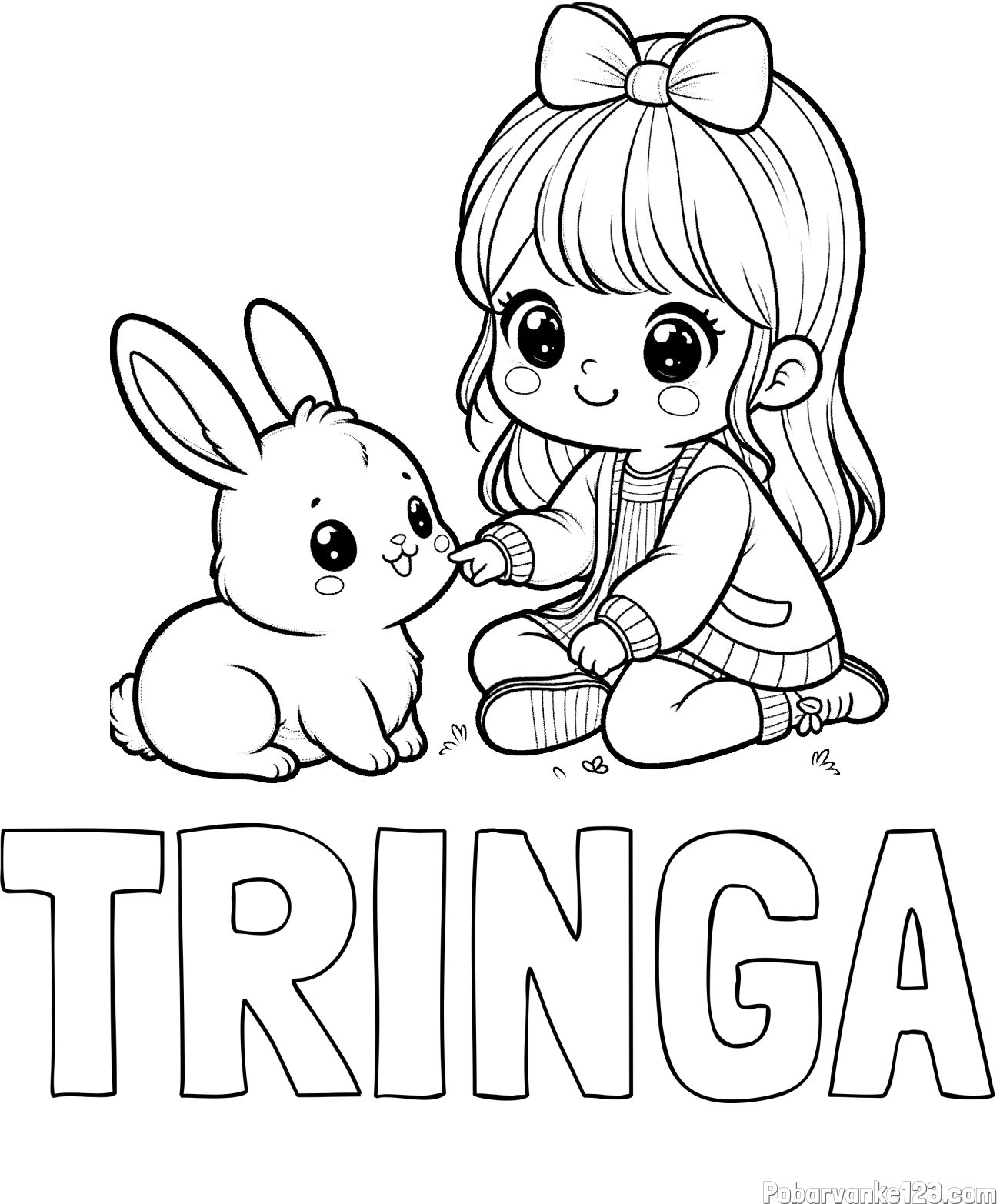 Pobarvanka imena TRINGA in pobarvanka ljubke punčke, ki se igra z zajčkom