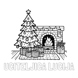 Online izdelana pobarvanka - Pobarvanka imena UČITELJICA LUCIJA in pobarvanka božične noči z božično smrečico, darili ter kaminom