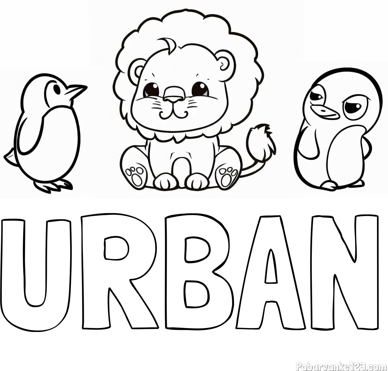 Pobarvanka imena URBAN in pobarvanka prikupnega levčka in dveh hudomušnih pingvinčkov
