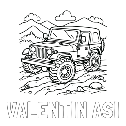 Online izdelana pobarvanka - Pobarvanka imena VALENTIN AŠI in pobarvanka džipa na terenu