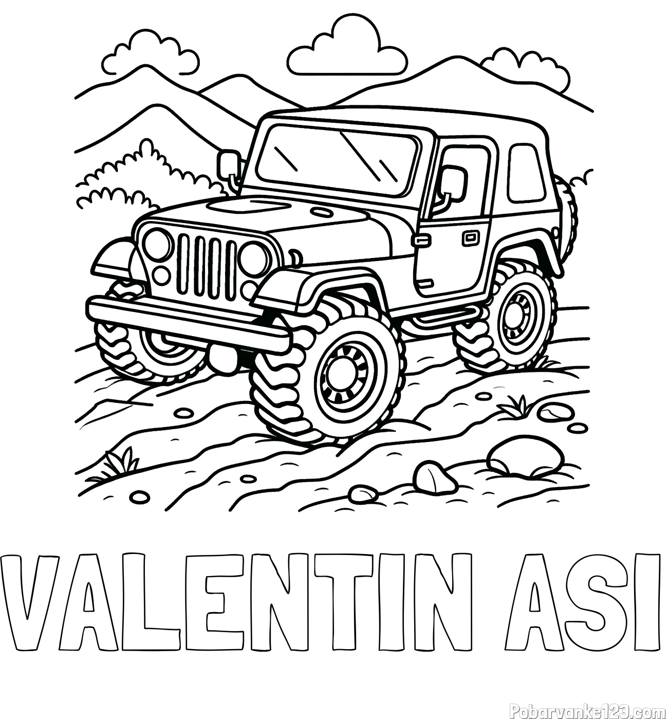 Pobarvanka imena VALENTIN AŠI in pobarvanka džipa na terenu