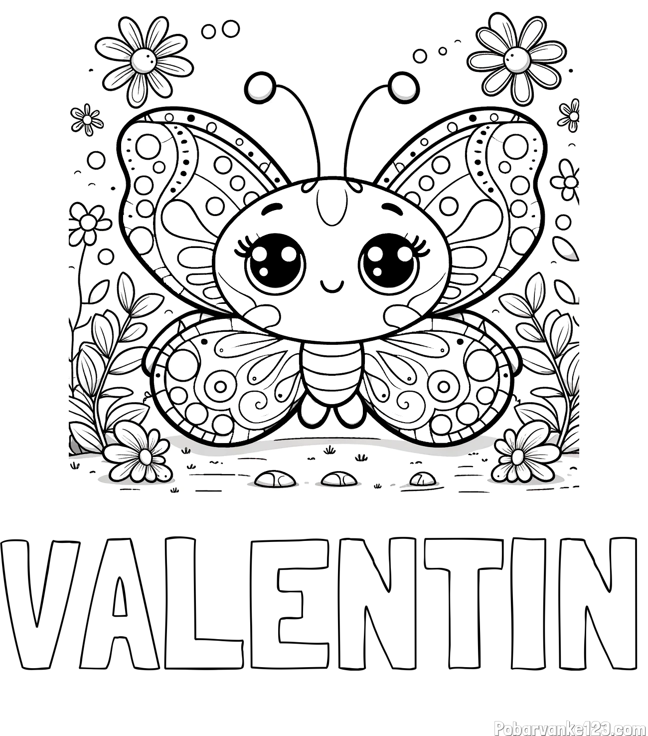 Pobarvanka imena VALENTIN in pobarvanka ljubkega metuljčka