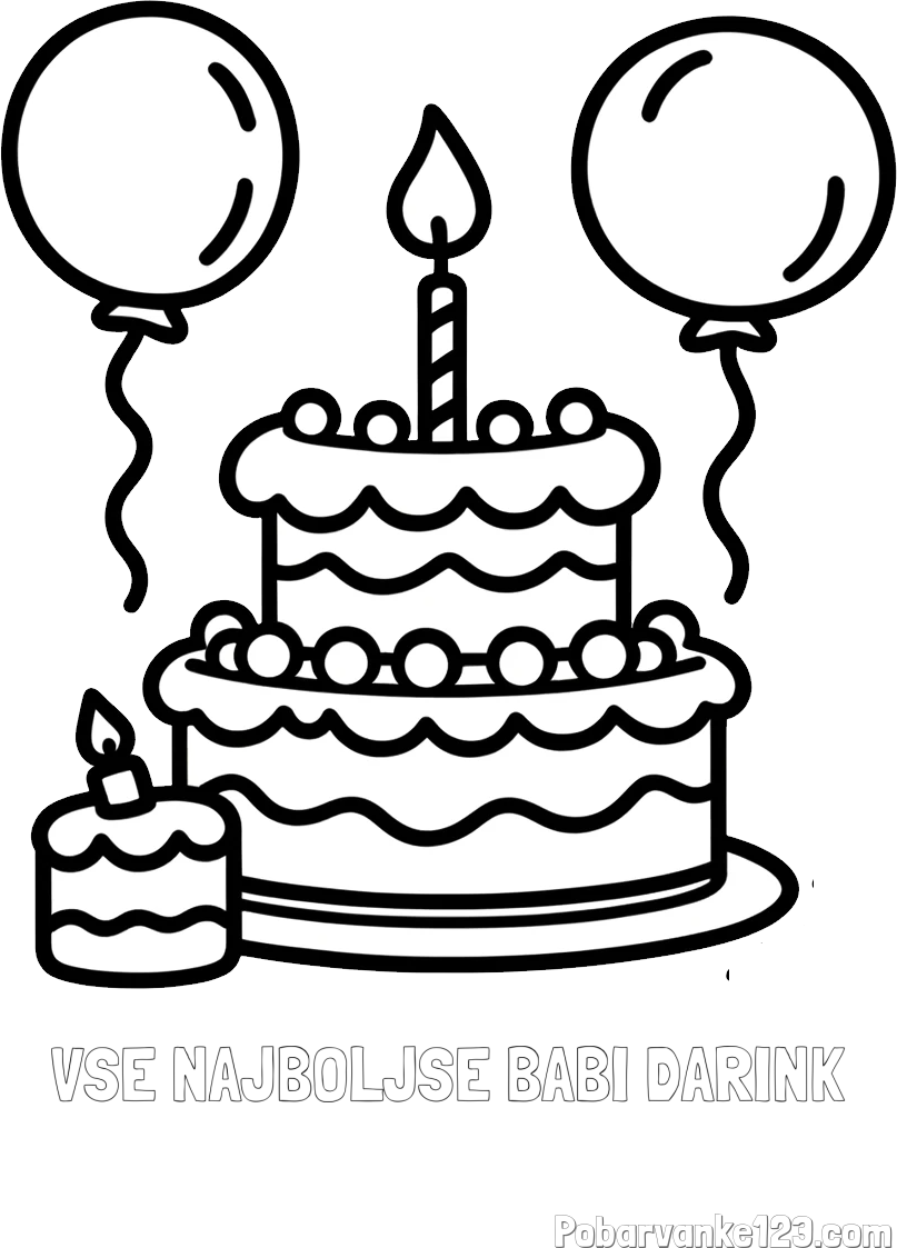 Pobarvanka imena VSE NAJBOLJŠE BABI DARINK in pobarvanka velike rojstnodnevne torte