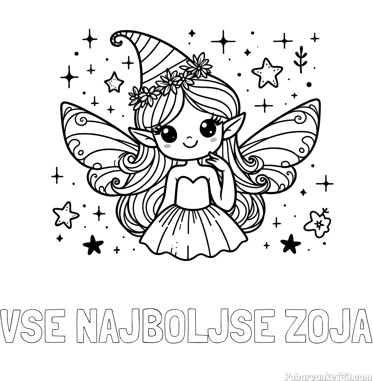 Pobarvanka imena VSE NAJBOLJŠE ZOJA in pobarvanka ljubke in nasmejane vile