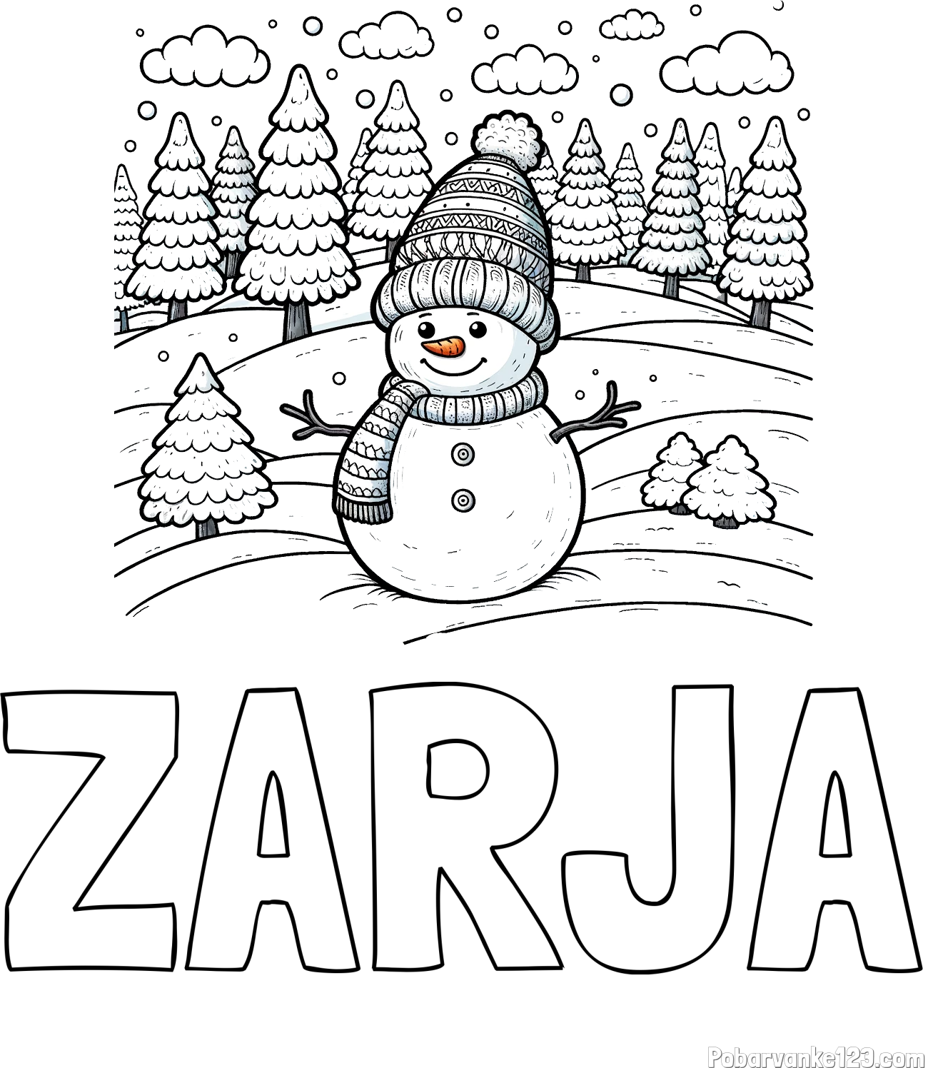 Pobarvanka imena ZARJA in pobarvanka snežaka v naravi obdanega z zasneženimi smrekami