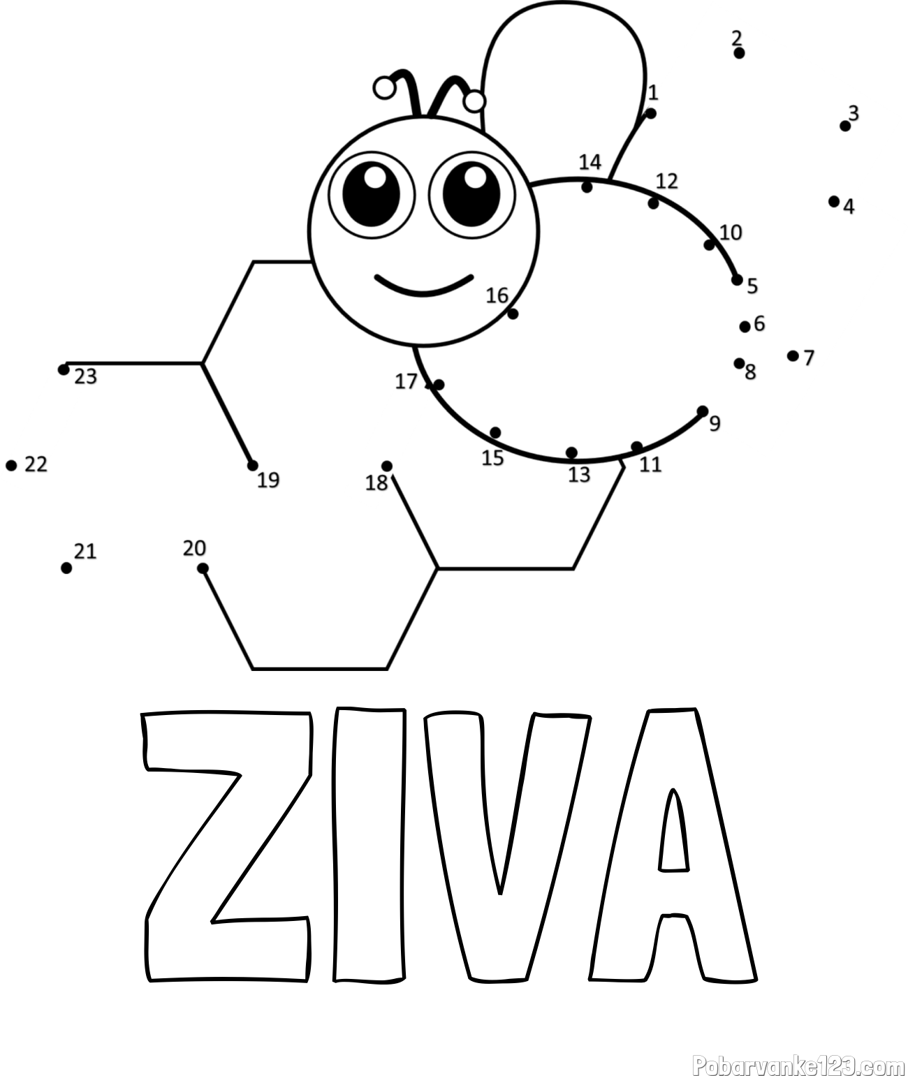 Pobarvanka imena ŽIVA in pobarvanka čebelice in satja - poveži številke