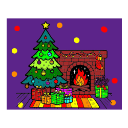 Pobarvana pobarvanka - Pobarvanka božične noči z božično smrečico, darili ter kaminom