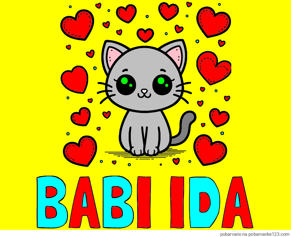 POBARVANA POBARVANKA - Pobarvanka imena BABI IDA in pobarvanka ljubke mucke obdane z veliko srčki
