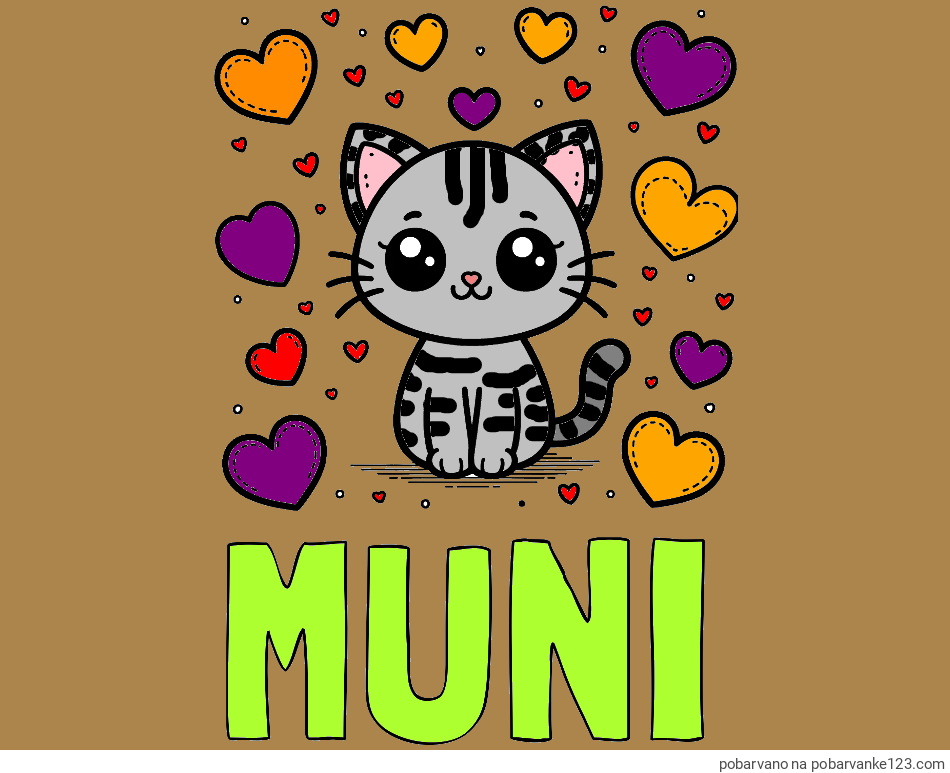 POBARVANA POBARVANKA - Pobarvanka imena MUNI in pobarvanka ljubke mucke obdane z veliko srčki