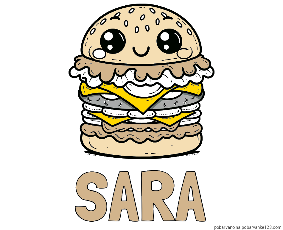 POBARVANA POBARVANKA - Pobarvanka imena SARA in otroška pobarvanka nasmejanega hamburgerja