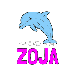 Pobarvana pobarvanka - Pobarvanka imena ZOJA in otroška pobarvanka nasmejanega delfina v skoku