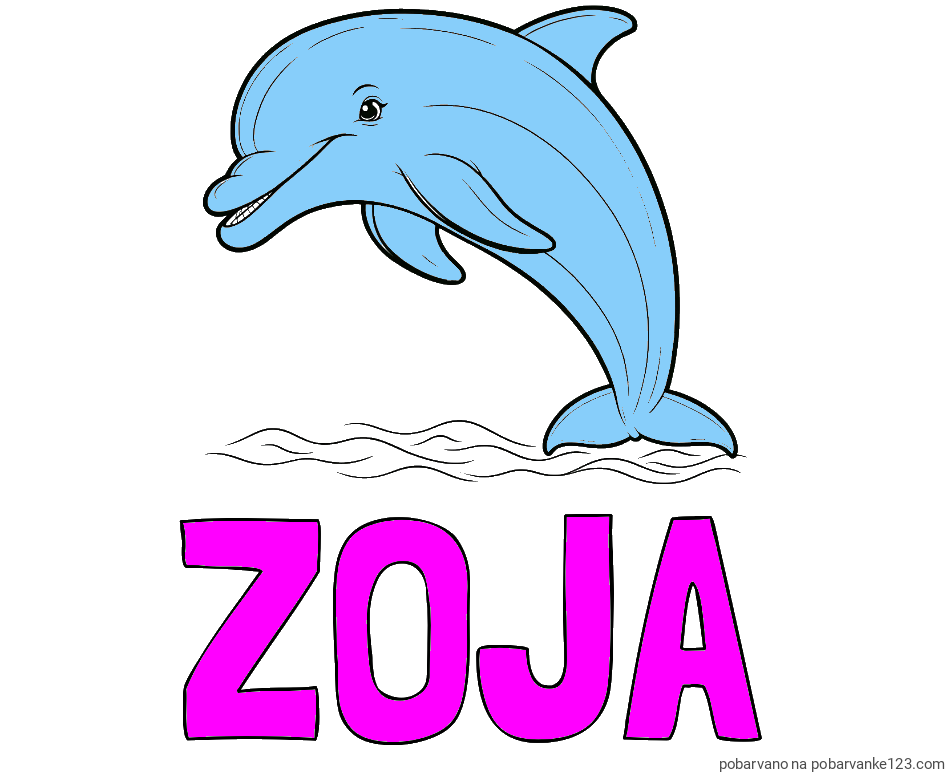 POBARVANA POBARVANKA - Pobarvanka imena ZOJA in otroška pobarvanka nasmejanega delfina v skoku