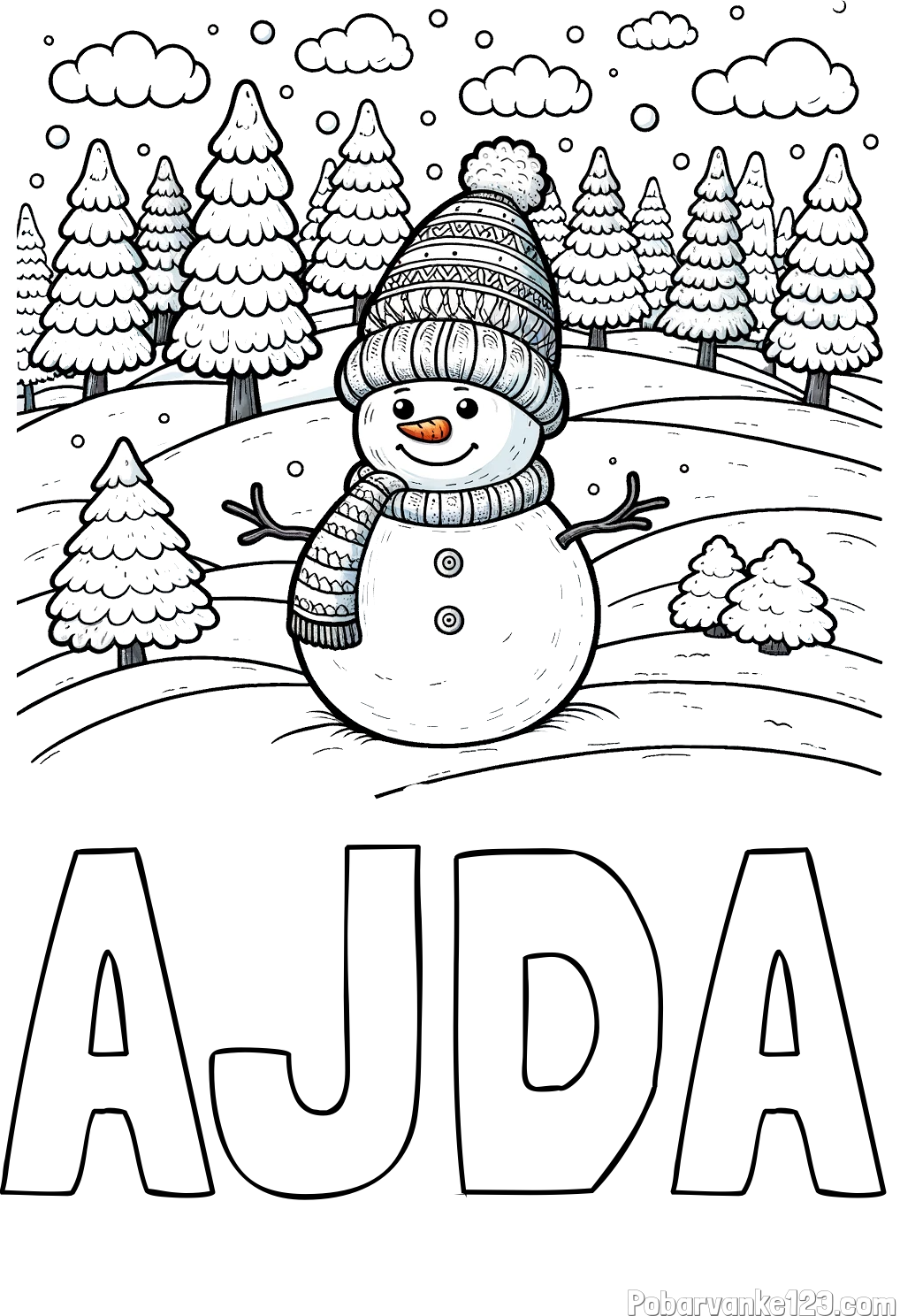 Pobarvanka imena AJDA in pobarvanka snežaka v naravi obdanega z zasneženimi smrekami