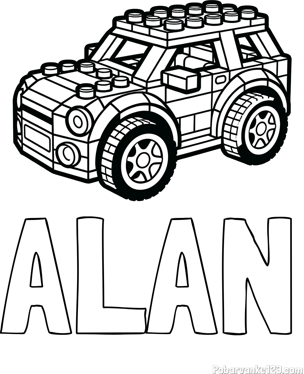 Pobarvanka imena ALAN in pobarvanka avtomobila sestavljenega iz LEGO kock