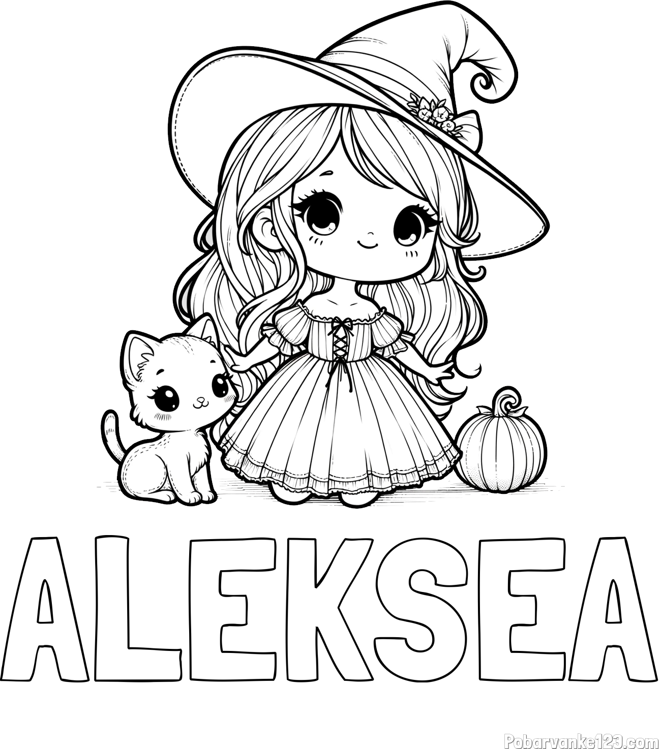 Pobarvanka imena ALEKSEA in pobarvanka ljubke čarovnice, muce in buče