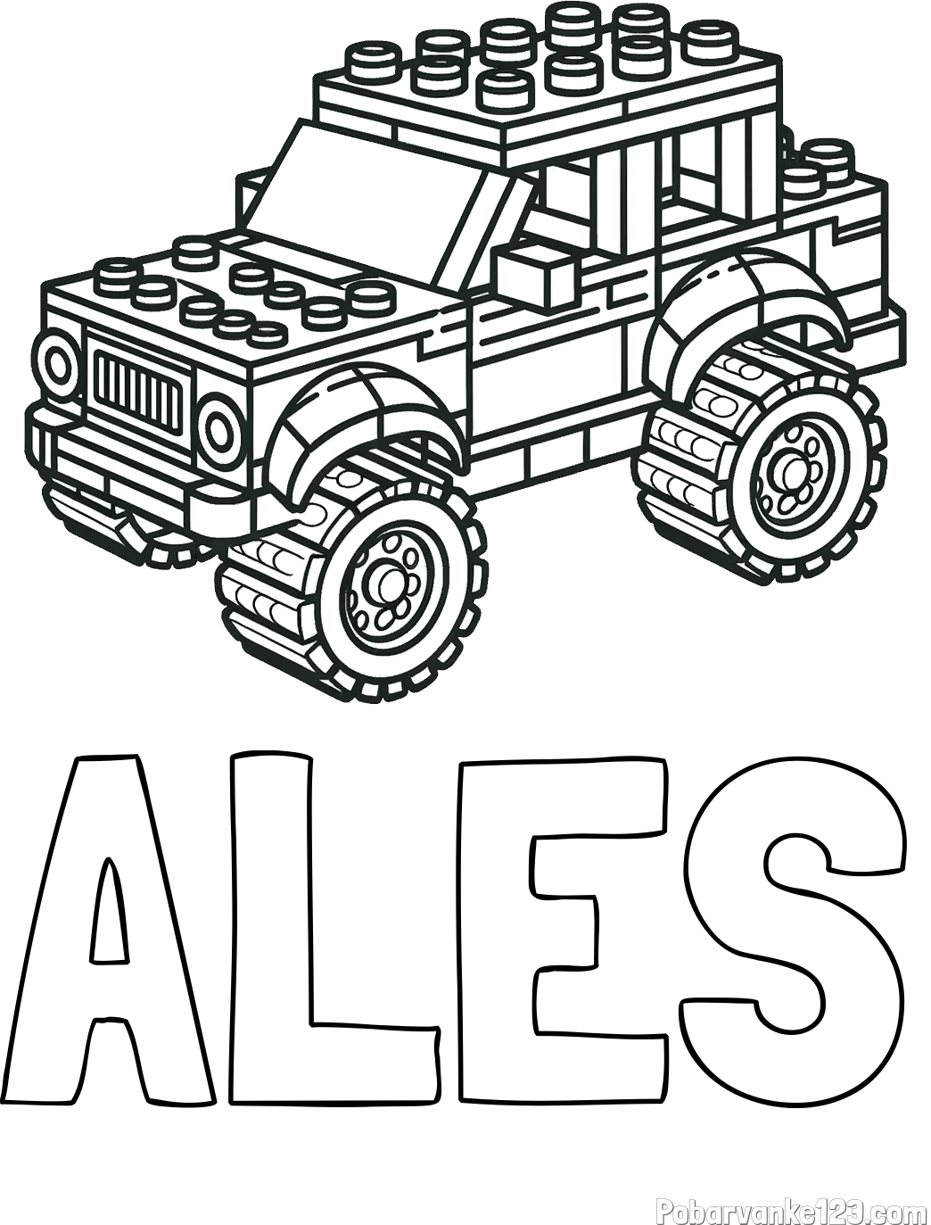 Pobarvanka imena ALEŠ in pobarvanka džipa sestavljenega iz LEGO kock