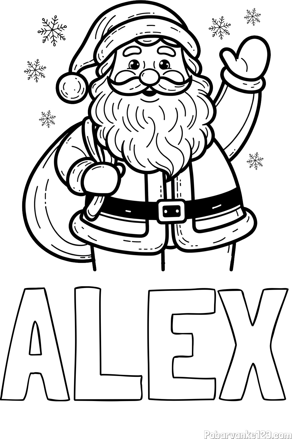 Pobarvanka imena ALEX in pobarvanka nasmejanega Božička s polno vrečo daril