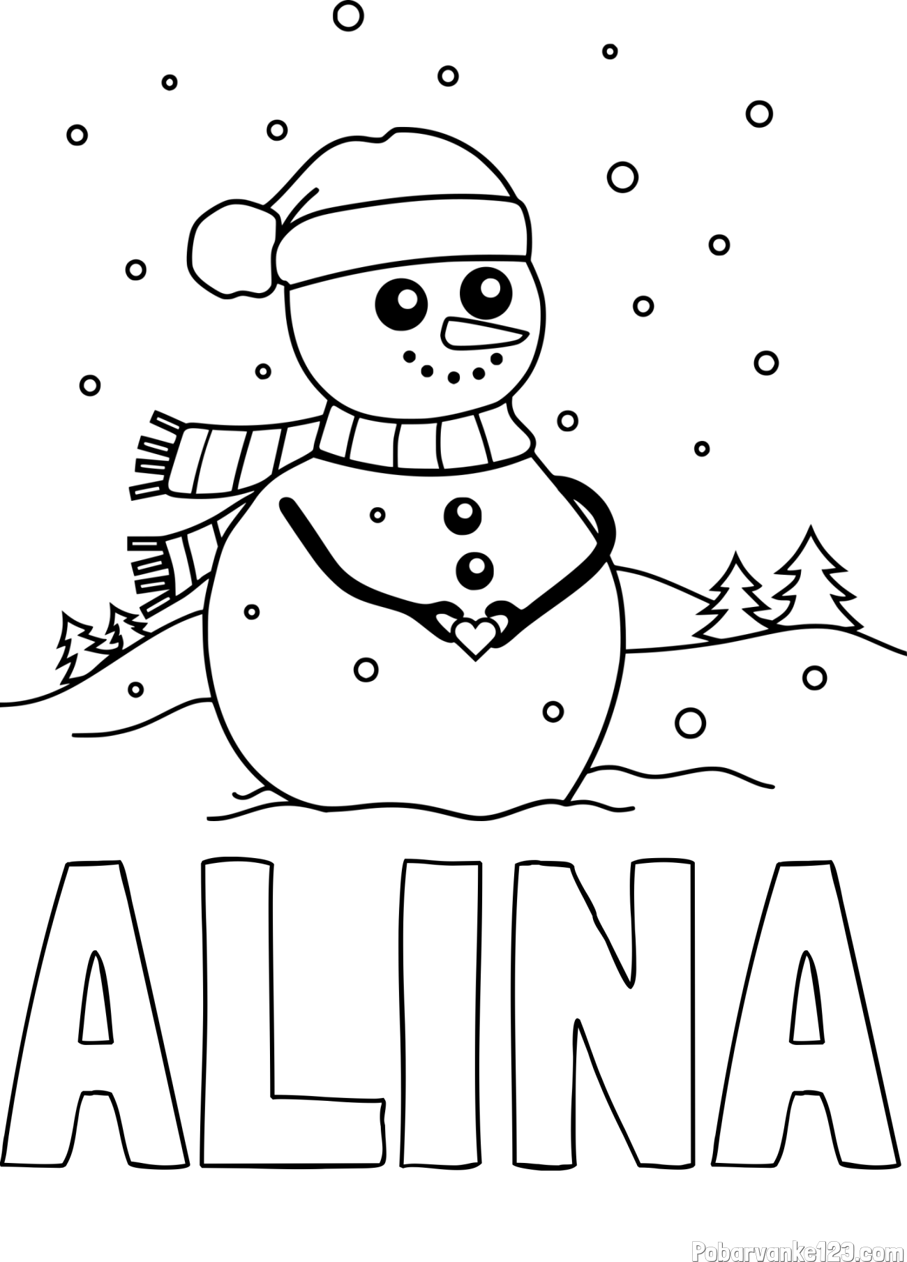 Pobarvanka imena ALINA in pobarvanka prikupnega snežaka