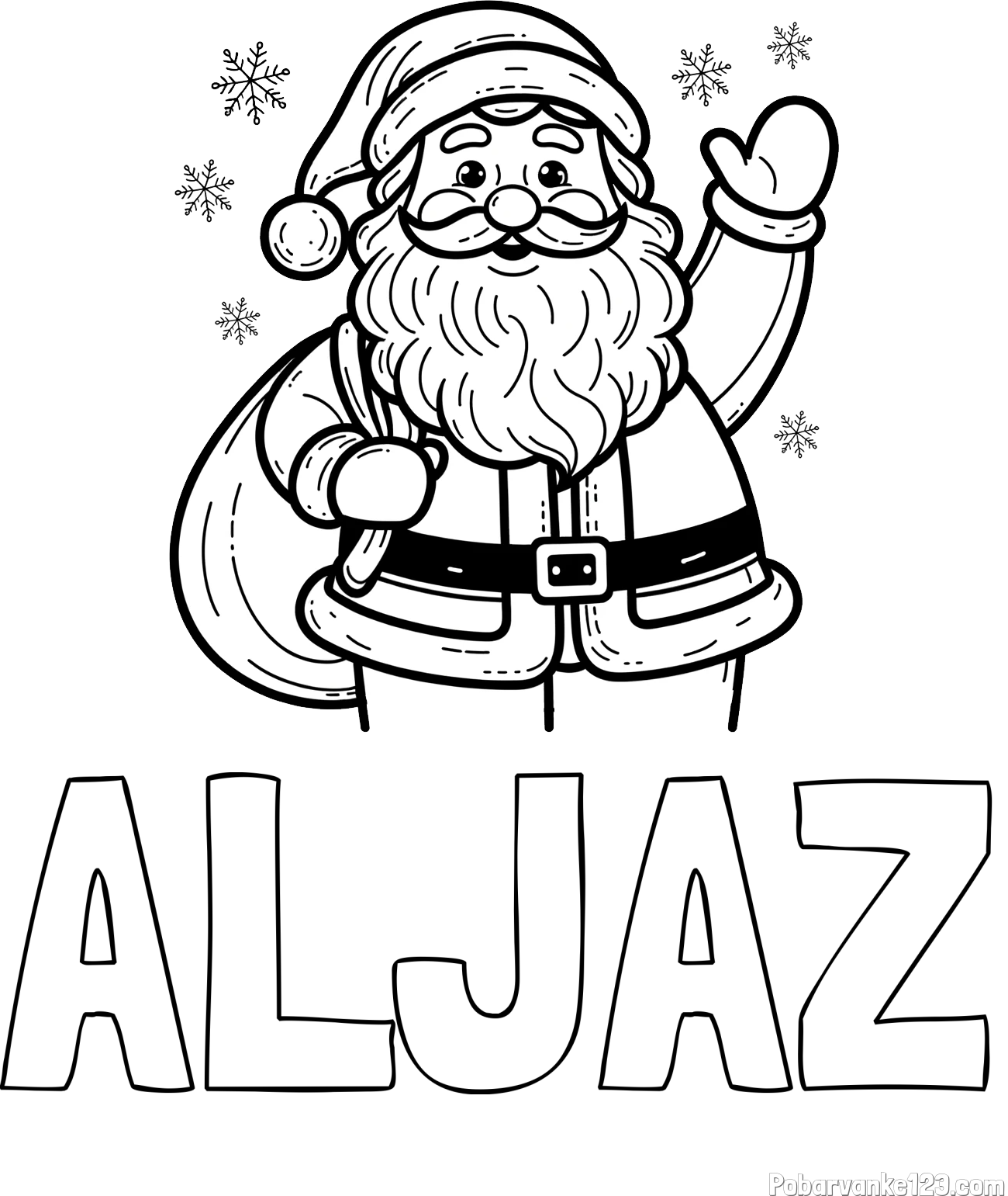 Pobarvanka imena ALJAŽ in pobarvanka nasmejanega Božička s polno vrečo daril