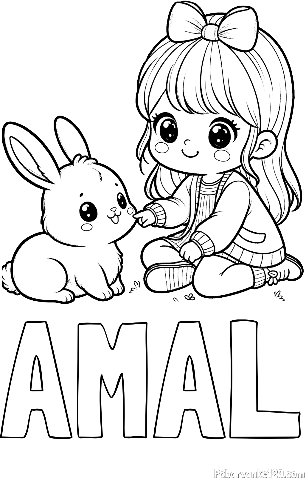 Pobarvanka imena AMAL in pobarvanka ljubke punčke, ki se igra z zajčkom