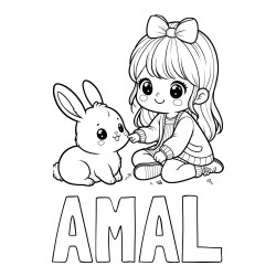 Online izdelana pobarvanka - Pobarvanka imena AMAL in pobarvanka ljubke punčke, ki se igra z zajčkom
