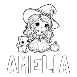 Online izdelana pobarvanka - Pobarvanka imena AMELIA in pobarvanka ljubke čarovnice, muce in buče