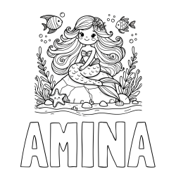 Online izdelana pobarvanka - Pobarvanka imena AMINA in pobarvanka prikupne male morske deklice