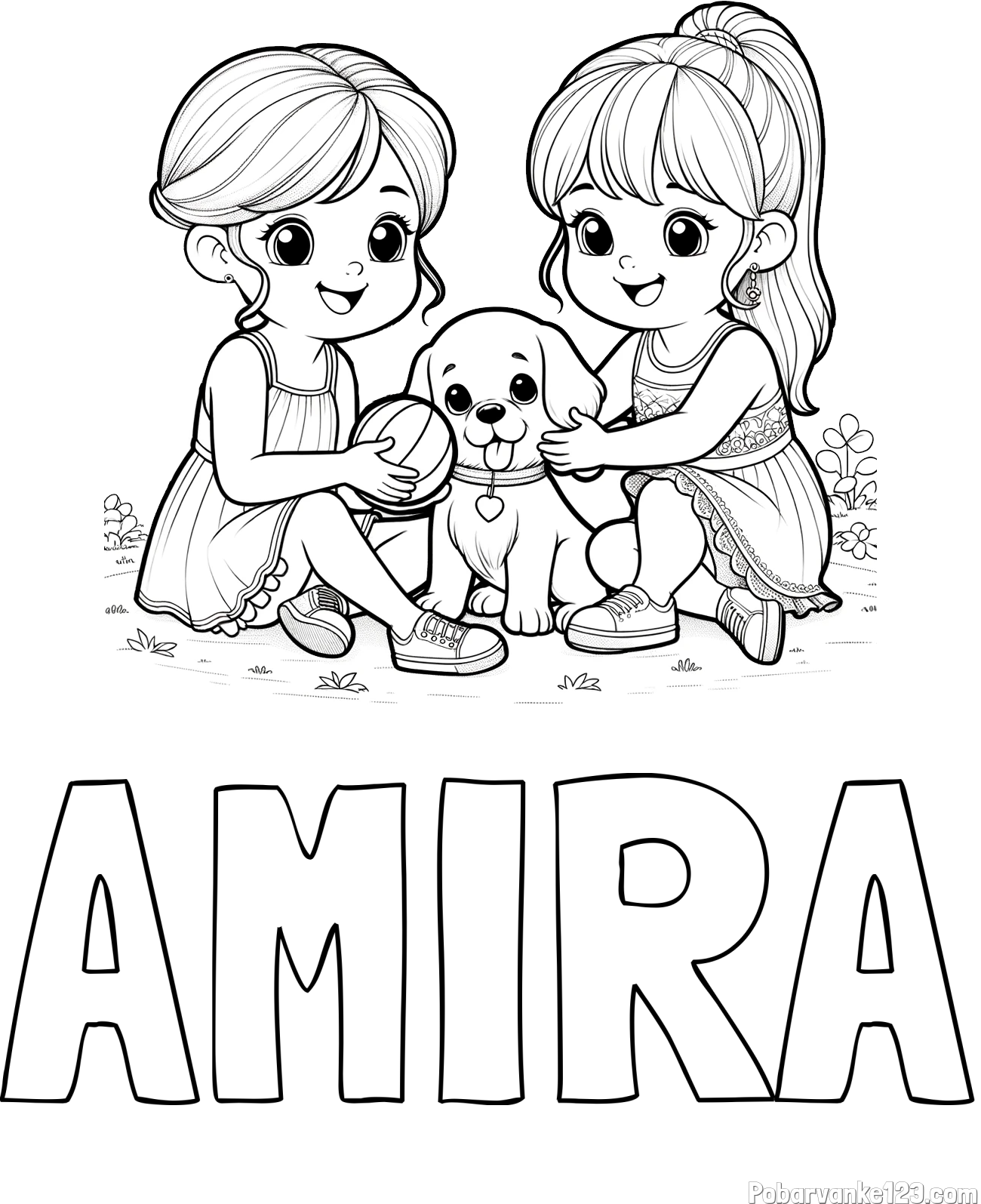 Pobarvanka imena AMIRA in pobarvanka prijateljic s kužkom