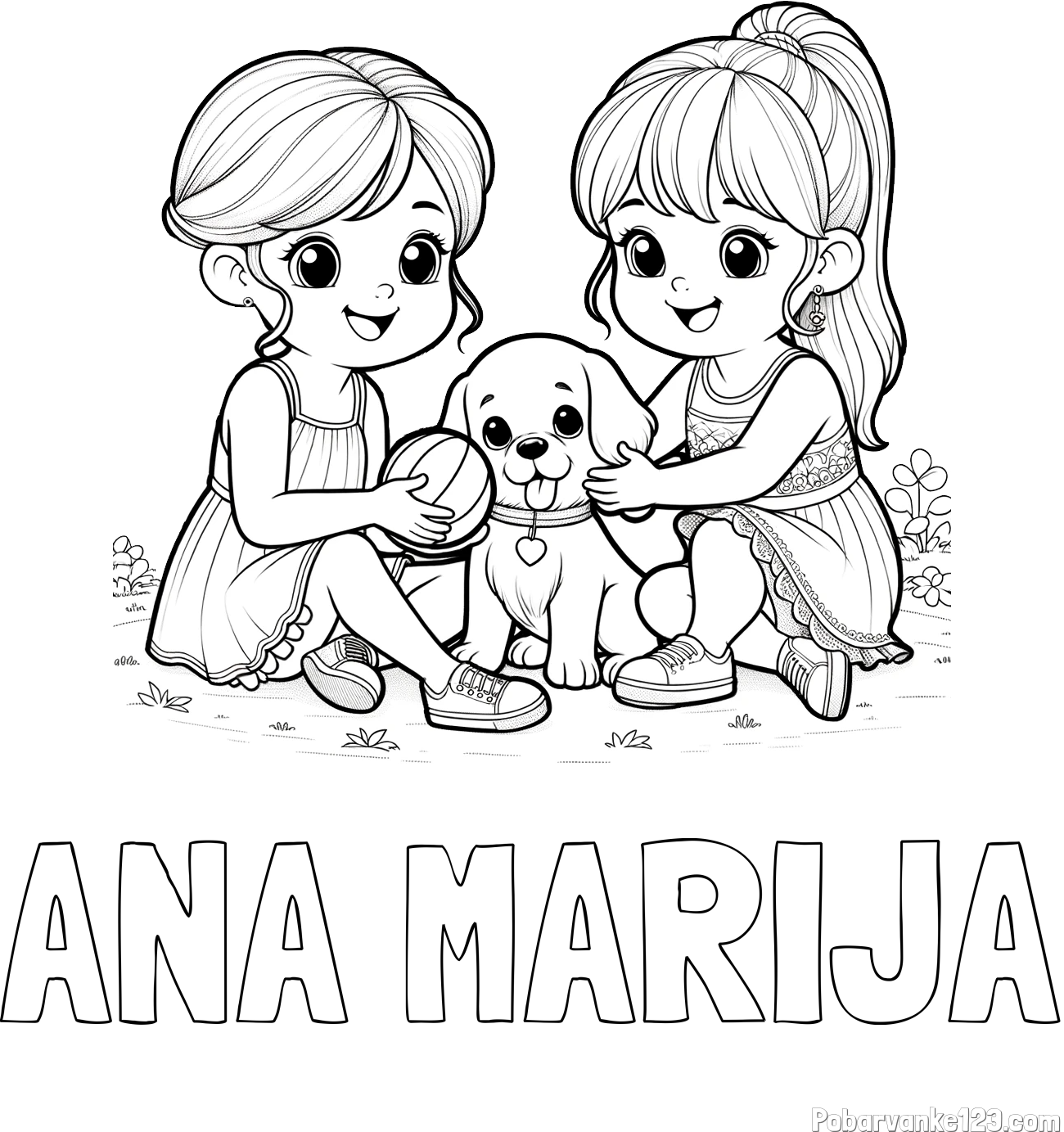 Pobarvanka imena ANA MARIJA in pobarvanka prijateljic s kužkom