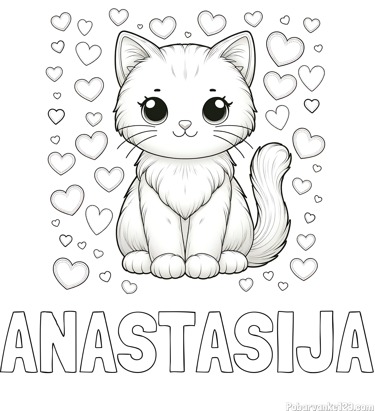 Pobarvanka imena ANASTASIJA in pobarvanka ljubke mucke obdane s srčki