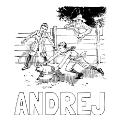 Online izdelana pobarvanka - Pobarvanka imena ANDREJ in pobarvanka dveh dečkov, ki lovita majhnega prašička