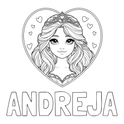Online izdelana pobarvanka - Pobarvanka imena ANDREJA in pobarvanka princeske ter srčkov