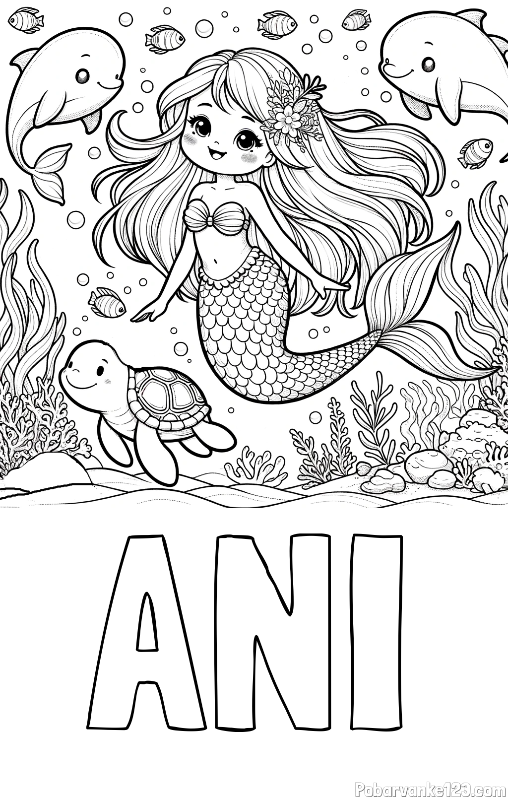 Pobarvanka imena ANI in pobarvana ljubke morske deklice s prijatelji