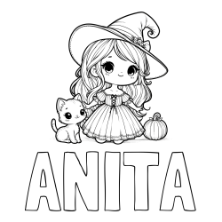 Online izdelana pobarvanka - Pobarvanka imena ANITA in pobarvanka ljubke čarovnice, muce in buče