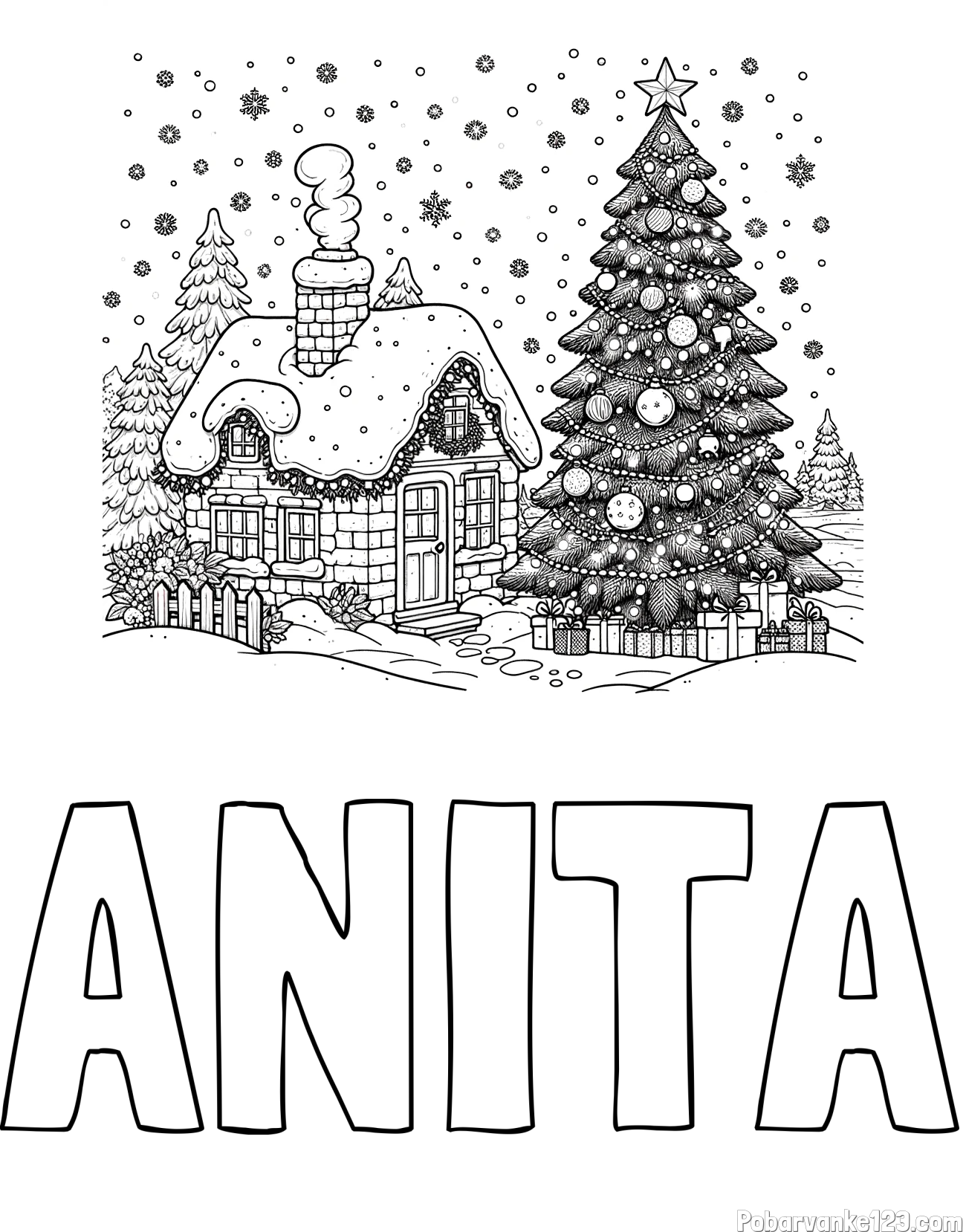 Pobarvanka imena ANITA in pobarvanka zasnežene hiške na božično noč